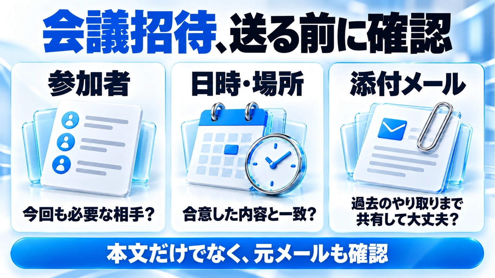 招待を送る前に、参加者 → 日時・場所 → 添付メール、共有してよい範囲を確認