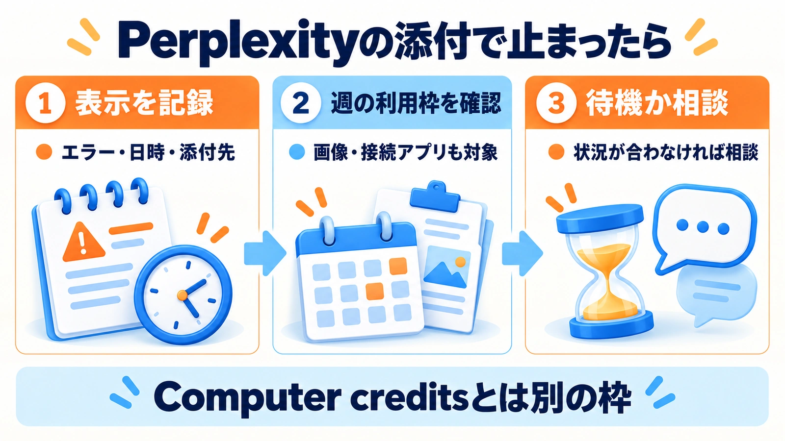 Perplexityの添付停止時はエラーと日時を記録し、画像や接続アプリを含む週枠を確認して待機か相談を選ぶ。Computer creditsとは別枠