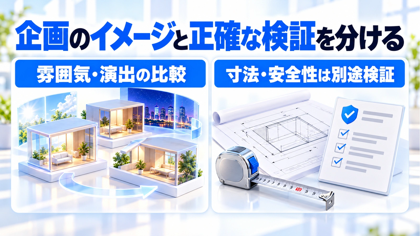 企画のイメージと正確な検証を分ける。雰囲気・演出の比較。寸法・安全性は別途検証