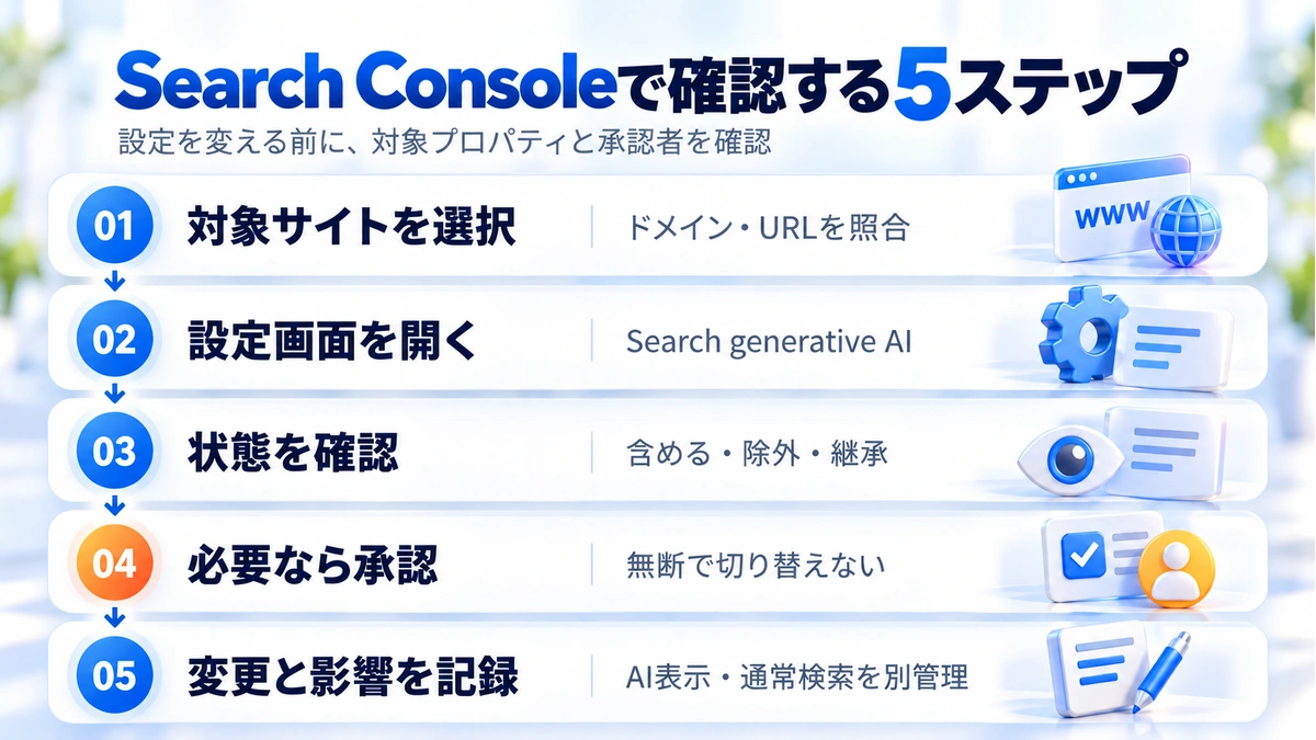 Google Search Consoleで対象サイト、設定、状態、承認、記録を確認する5ステップ