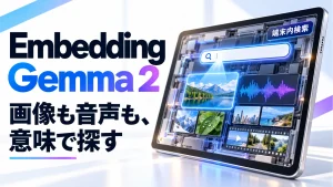 EmbeddingGemma 2の「画像も音声も、意味で探す」を表すアイキャッチ画像