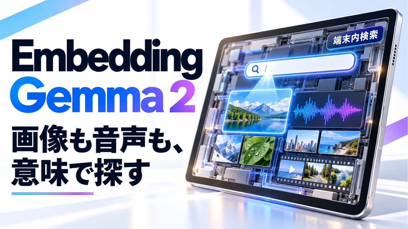 EmbeddingGemma 2の「画像も音声も、意味で探す」を表すアイキャッチ画像